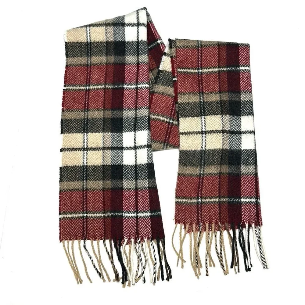 Geoffrey Beene Plaid Wool Scarf Red Gray Beige Made in Italy Vintage Unisex